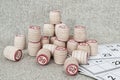 Game Lotto wooden barrels and on the background of the canvas Ã¢â¬â a simple still life in rustic style